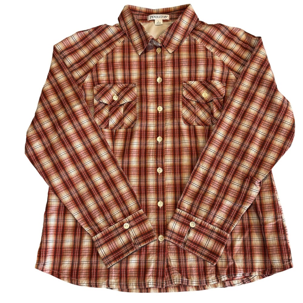 Pendleton Vented Long Sleeve Button Up Shirt Womens Large Red Tan Plaid Cotton - Picture 2 of 15